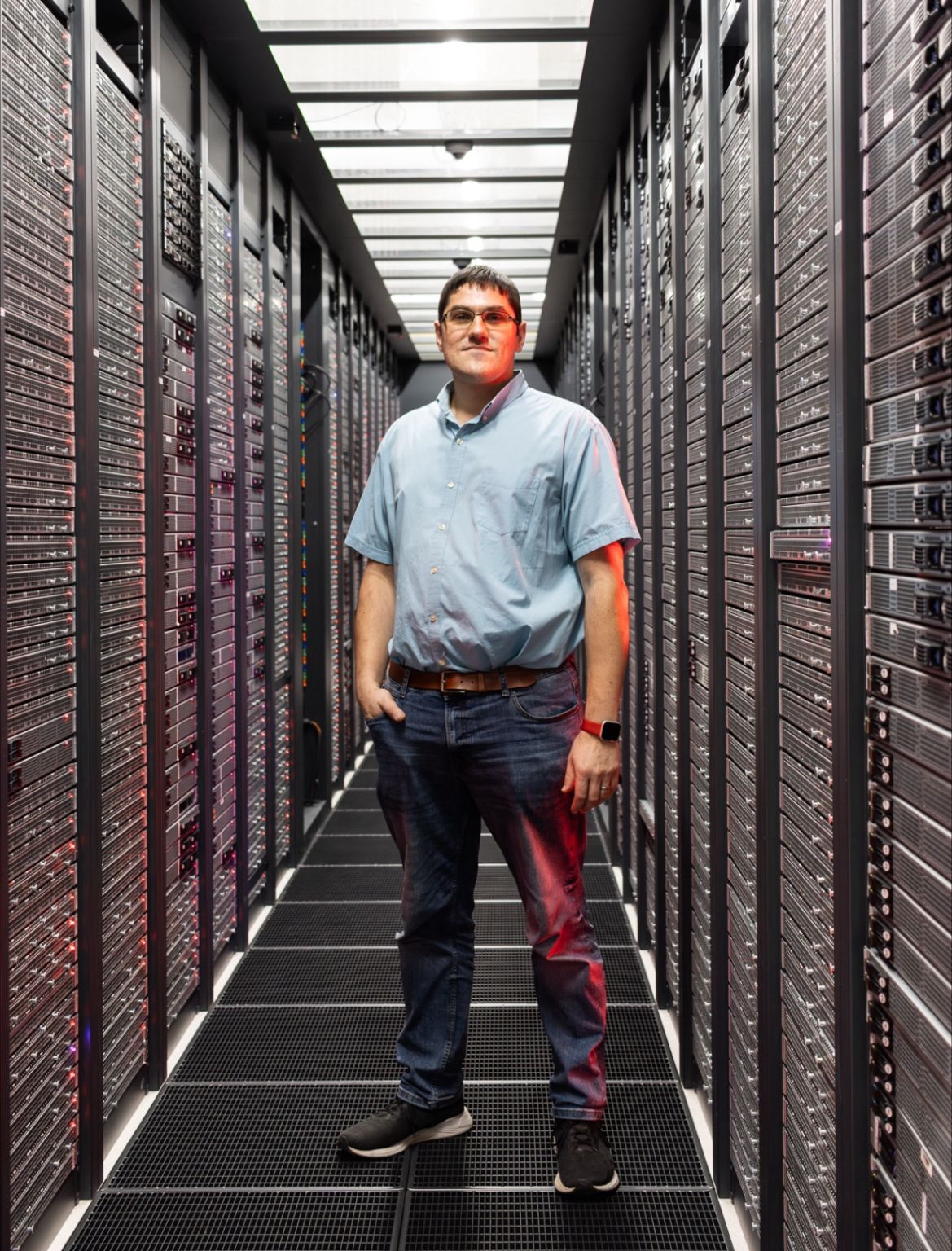 Photograph of me, Andy Heathershaw, in the new Fasthosts data centre in Worcester, UK