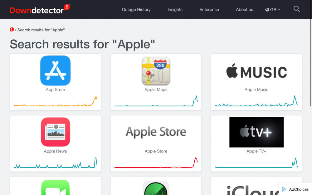 Screenshot of DownDetector showing Apple's issues