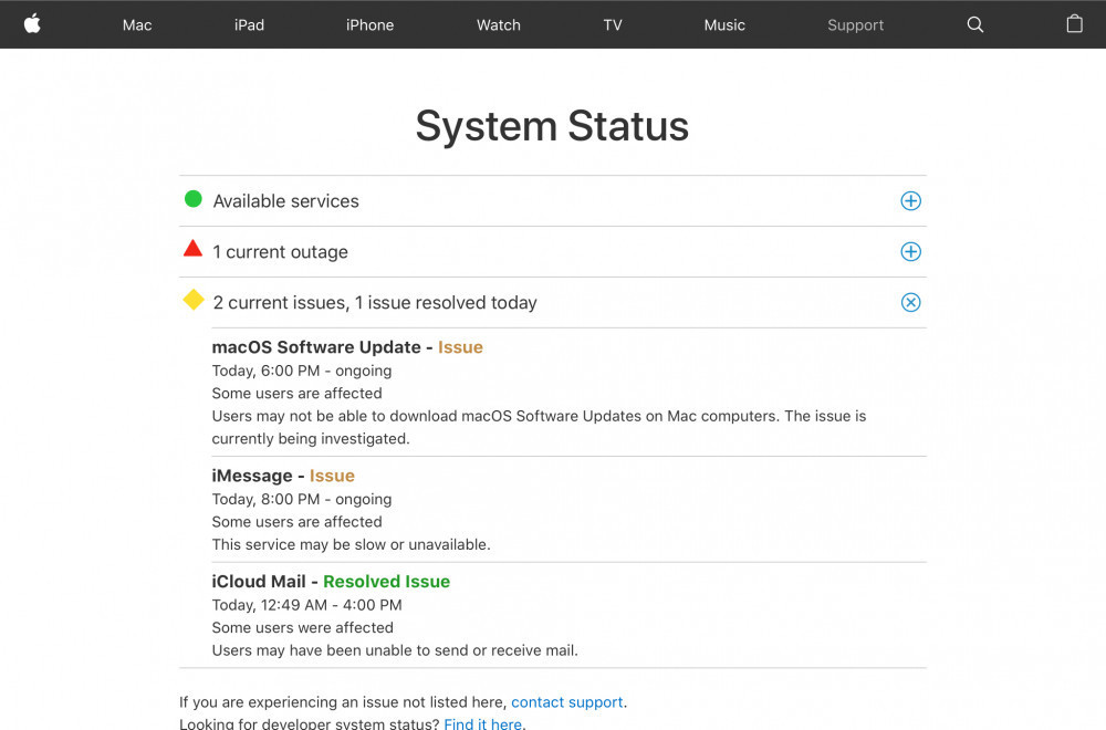 Screenshot of Apple's status page