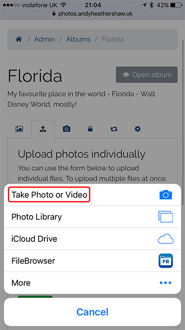 Screenshot of iOS showing the Take Photo or Video action