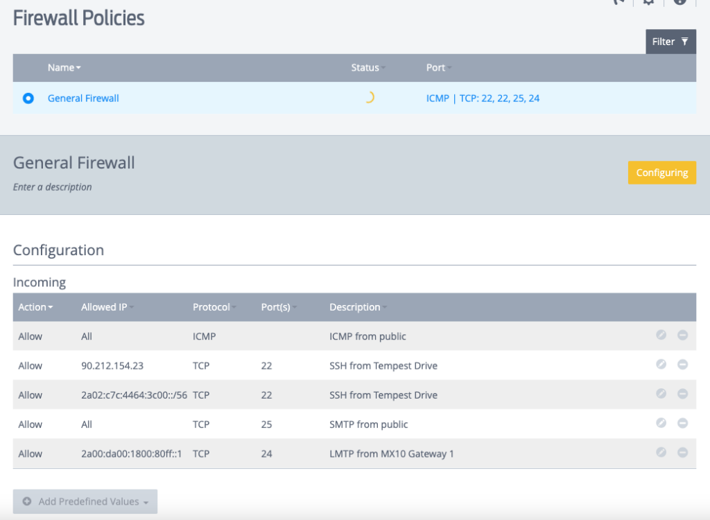 Screenshot of editing firewall rules for Fasthost Edition 2 VPS