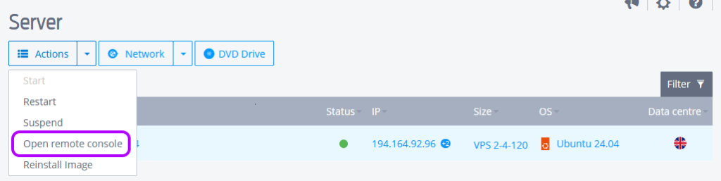 Screenshot of the menu used to open the KVM console in Fasthosts Edition 2 VPS