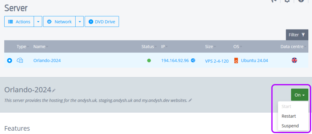 Screenshot of additional VPS power options in Fasthosts VPS Edition 2