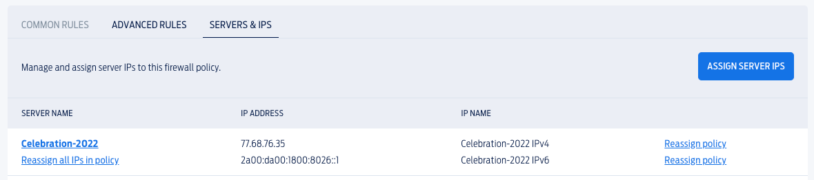 Screenshot showing assigning firewall policies to IPs