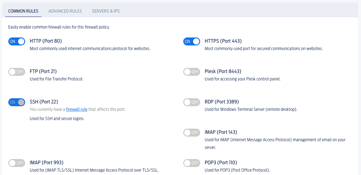 Screenshot showing Fasthosts simple firewall editor