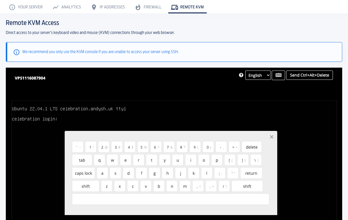 Screenshot showing the Fasthosts VPS KVM console