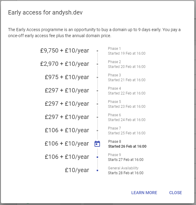 Screenshot of Google's .dev domain pricing