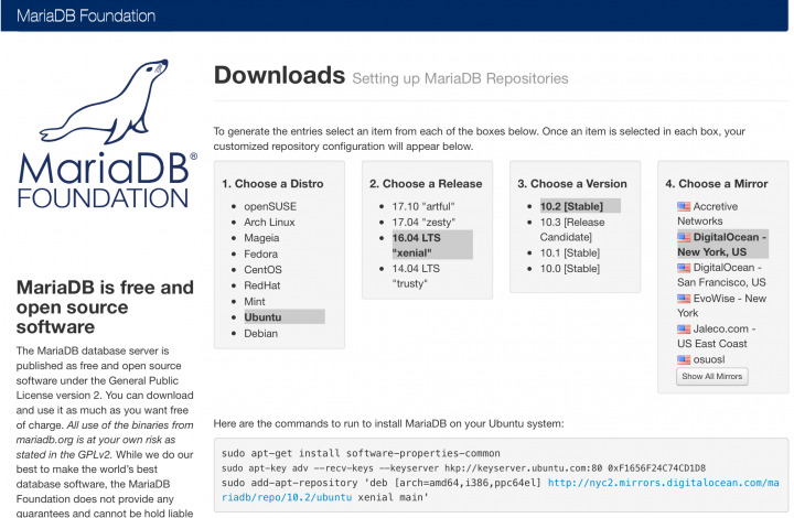 Screenshot of the MariaDB repository configuration page