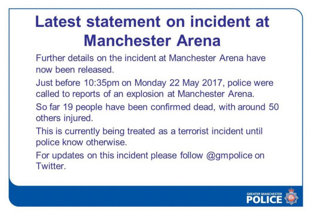 Screenshot of a statement from the police on an incident at Manchester Arena