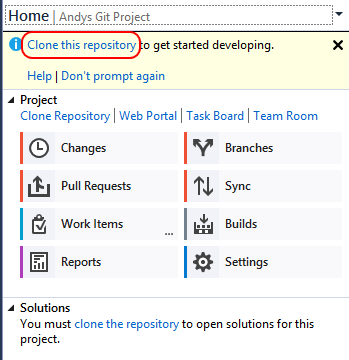 Screenshot showing the Clone this repository link in Visual Studio