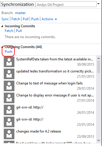 Screenshot showing the Git commits to migrate to TFS