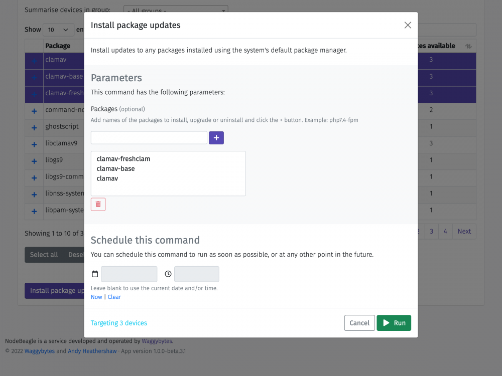 Screenshot showing installing packages on multiple Linux devices in NodeBeagle