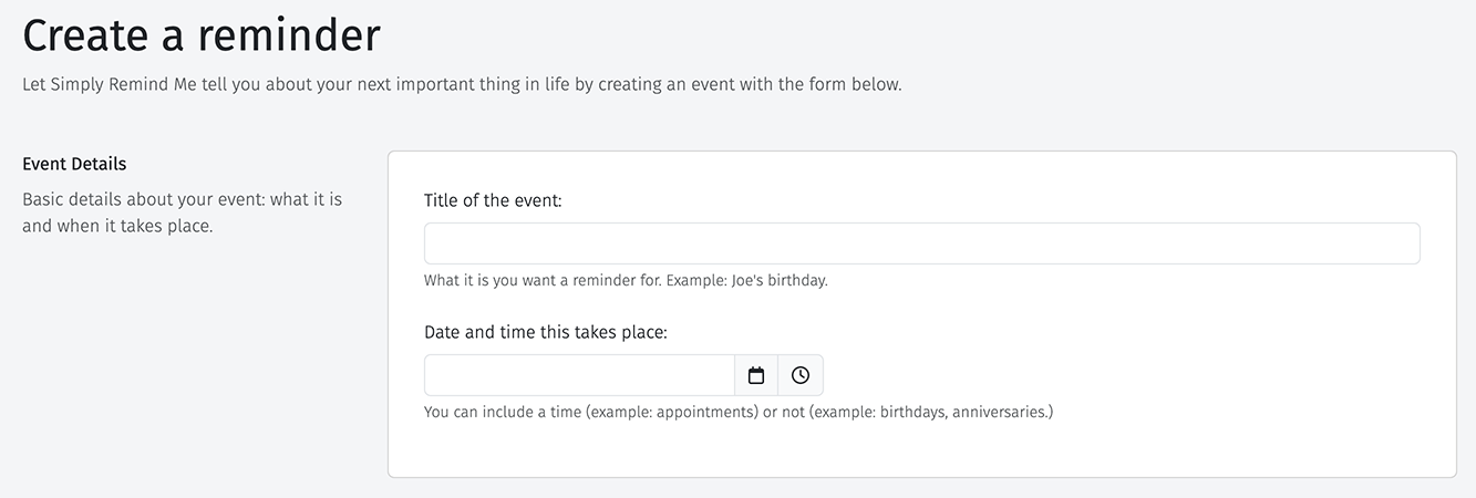 Screenshot of the basic event details in Simply Remind Me