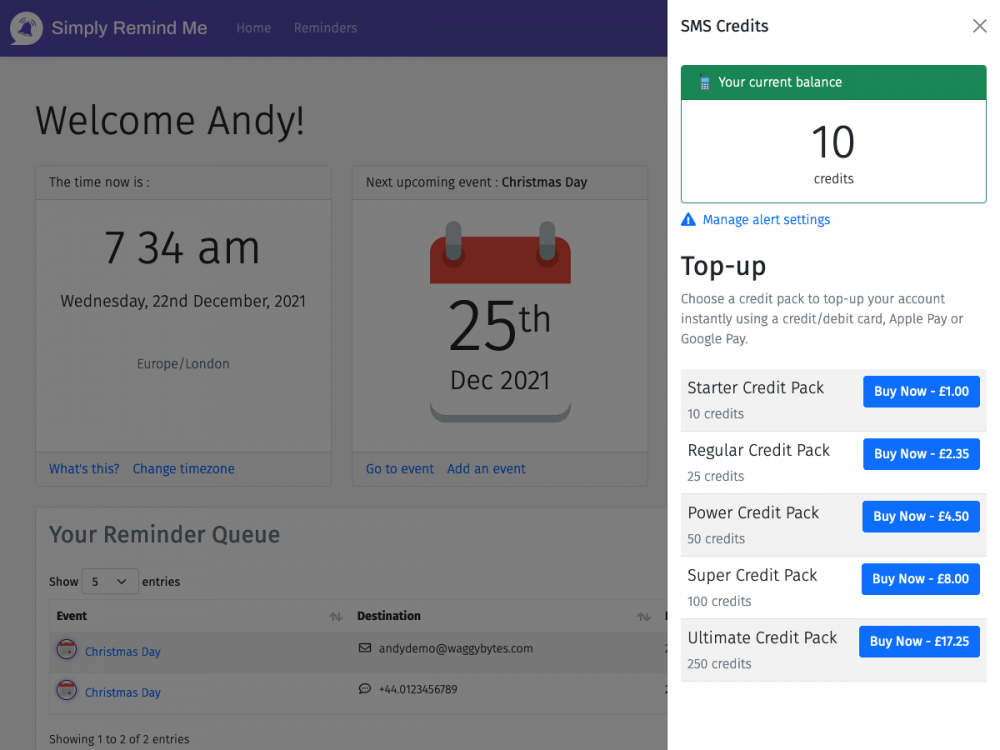 Screenshot showing the new credit and top up sidebar in Simply Remind Me