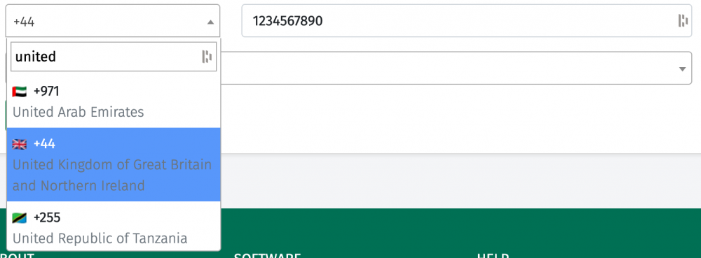 Screenshot showing the new country code and phone number field in Simply Remind Me