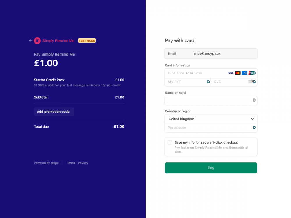 Screenshot showing the new payment checkout experience in Simply Remind Me, powered by Stripe