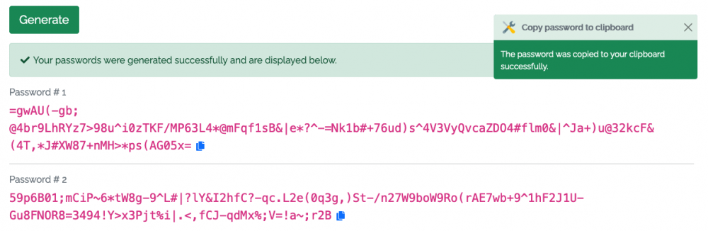 Screenshot showing the result of generating secure passwords in Solid Tools for Developers