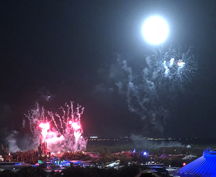 Photograph of the Magic Kingdom fireworks as seen from the California Grill at the Contemporary