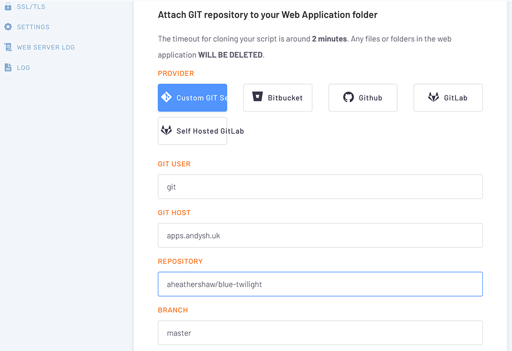 Screenshot showing attaching a Git repository to RunCloud