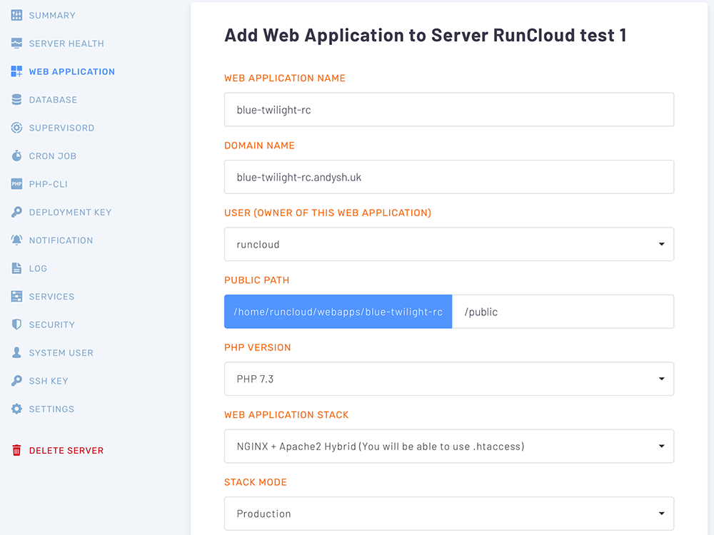 Screenshot showing adding a new web app to RunCloud