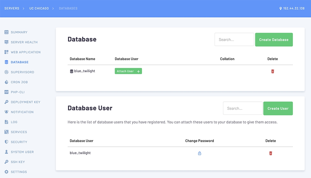 Screenshot showing a database in RunCloud