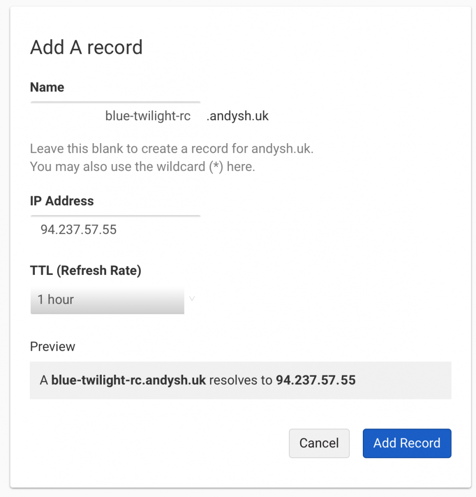 Screenshot showing adding a new A record to a domain in DNSimple