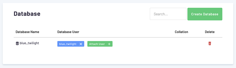 Screenshot showing database permissions in RunCloud