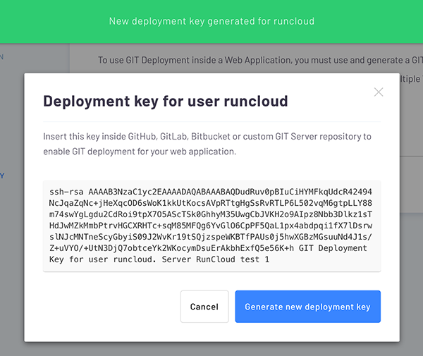 Screenshot showing the successful creation of a deployment key in RunCloud