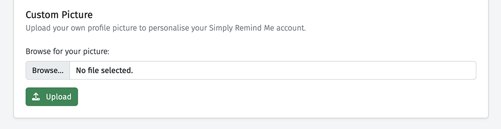 Screenshot showing uploading a custom user picture in Simply Remind Me