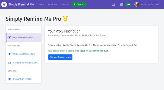 Screenshot showing the subscription screen of Simply Remind Me Pro