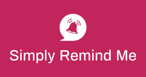White Simply Remind Me logo on a pink background.