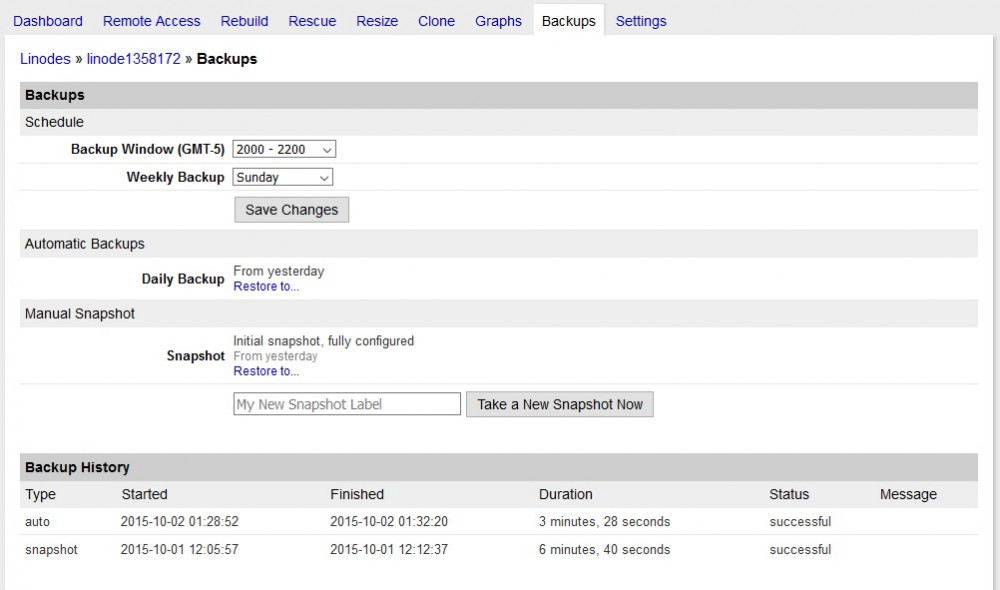 Screenshot of Linode's backup management system showing scheduled and completed backups